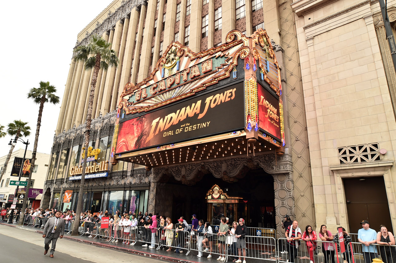 A crowd gathers at the Indiana Jones and the Dial of Destiny U.S. Premiere