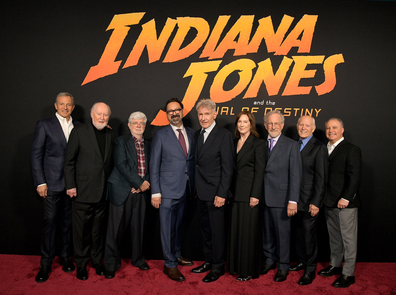 (L-R) Bob Iger, CEO, Walt Disney Company, John Williams, George Lucas, James Mangold, Harrison Ford, Kathleen Kennedy, President, Lucasfilm, Steven Spielberg, Frank Marshall and Alan Bergman, Chairman, Disney Studios Content attends the Indiana Jones and the Dial of Destiny U.S. Premiere at the Dolby Theatre in Hollywood, California on June 14, 2023.