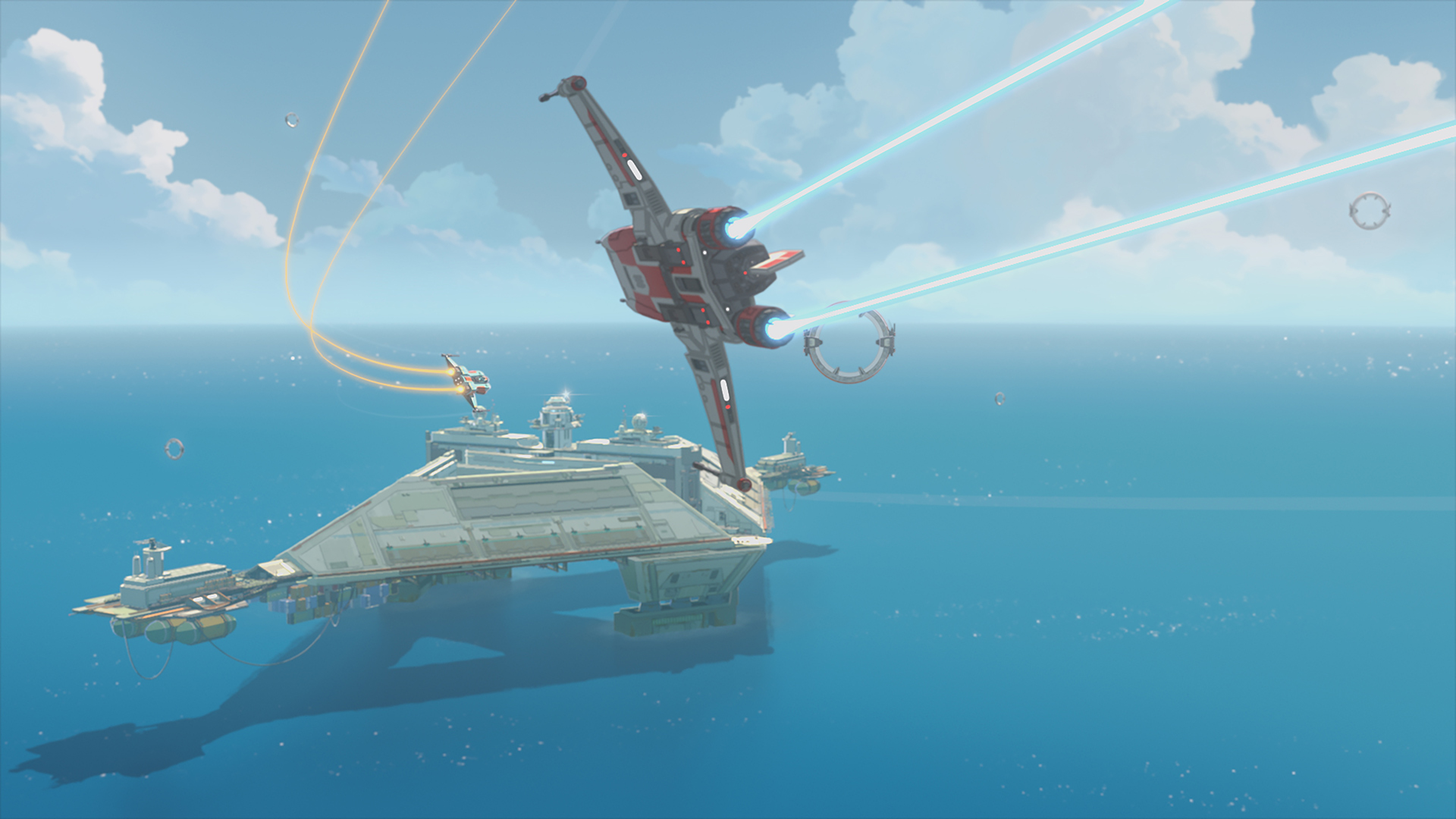 Ships fly over the Colossus