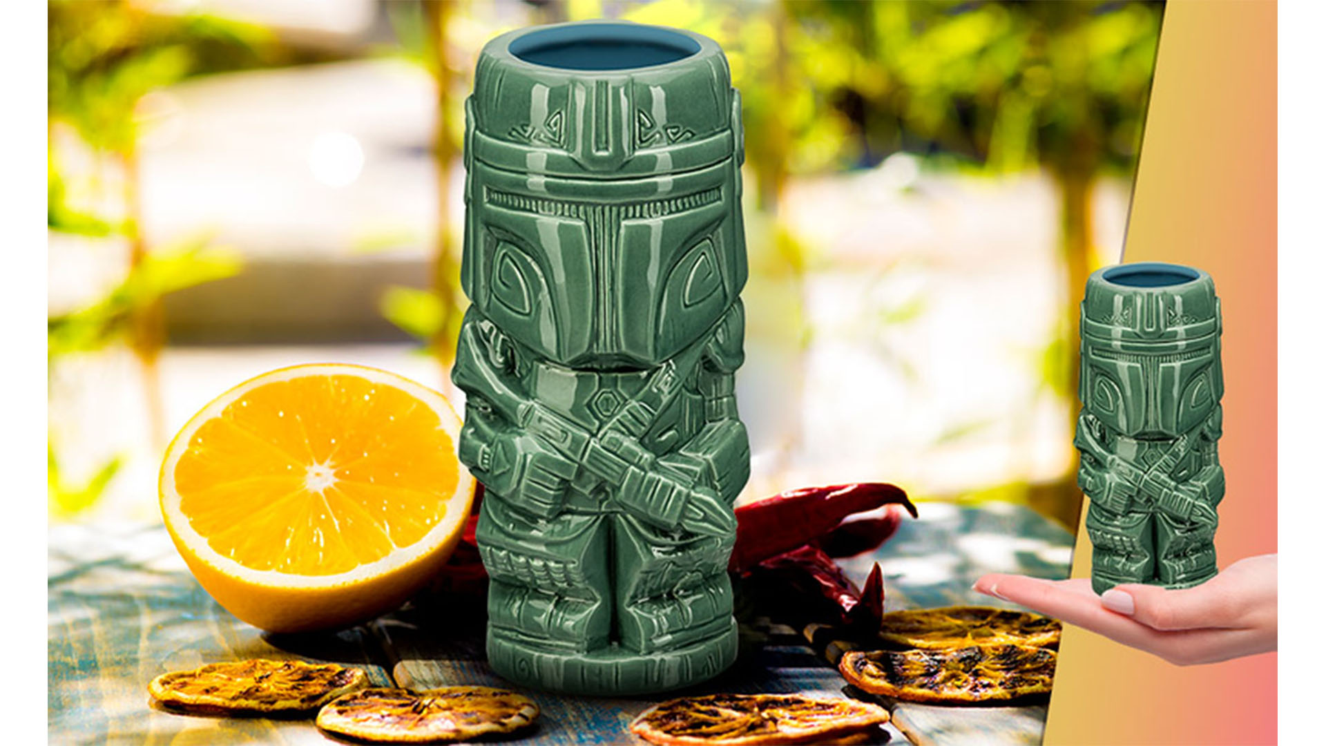 Two images of a green Mandalorian Geek Tiki - one image of the Geek Tiki in use, and in a hand to show scale.