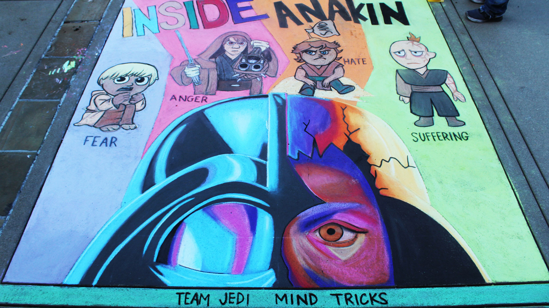 Chalk art that takes inside Darth Vader/Anakin's mind, including fear, anger, hate, suffering.