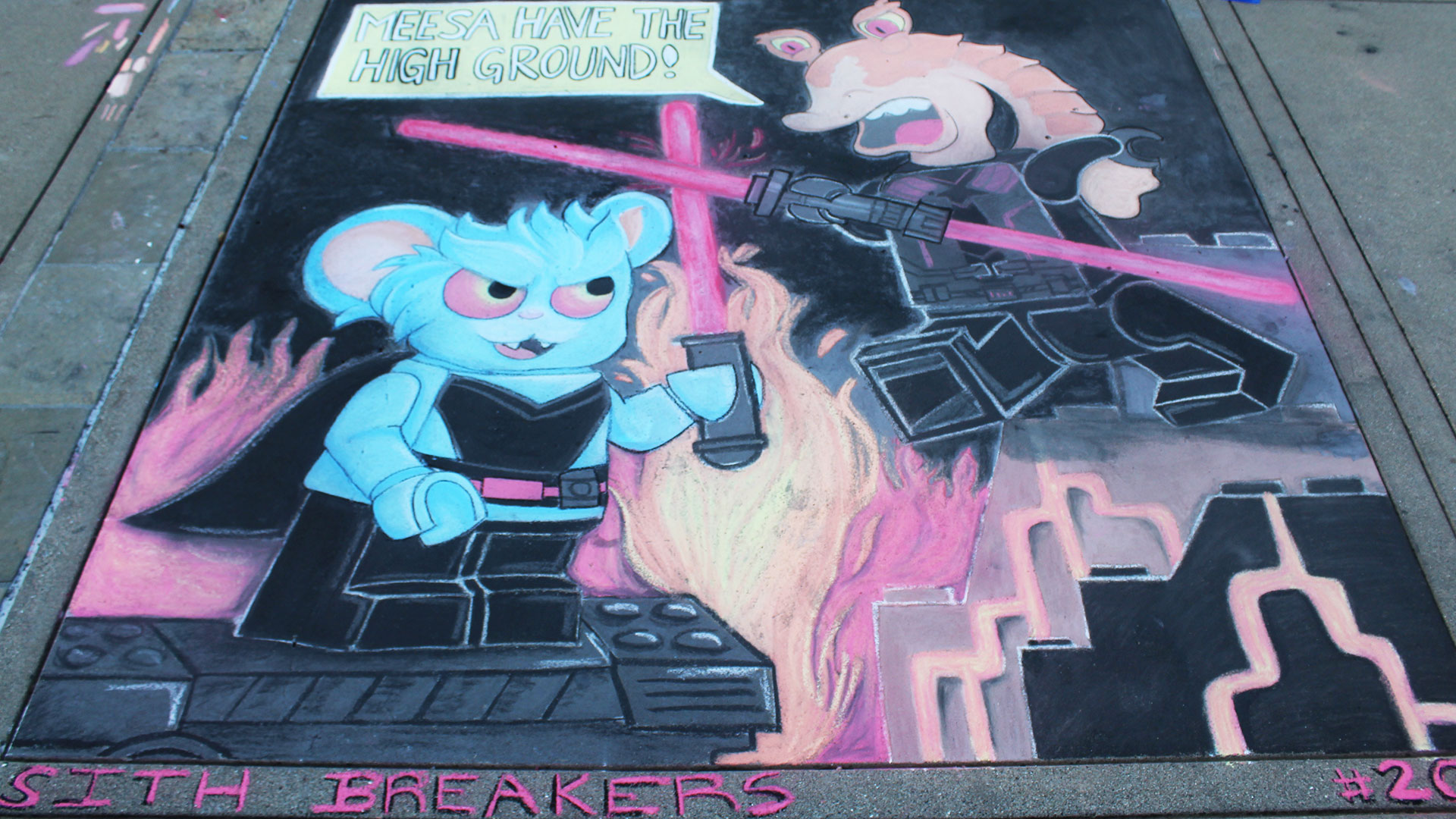 Chalk art of LEGO Darth Nubs and Darth Jar Jar having a lightsaber duel.