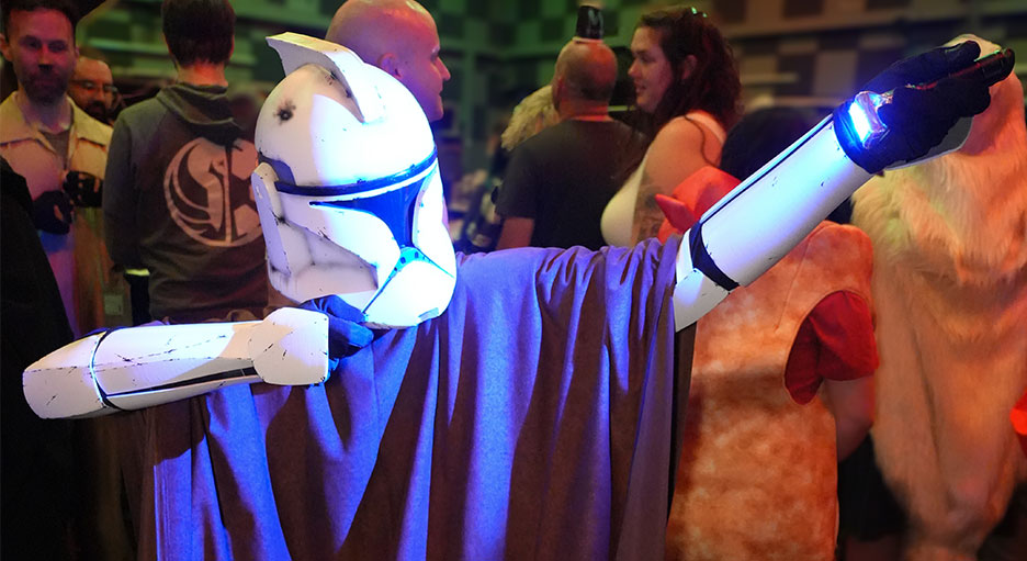 A Lucasfilm employee in costume as a clone trooper at the company's Halloween Party.