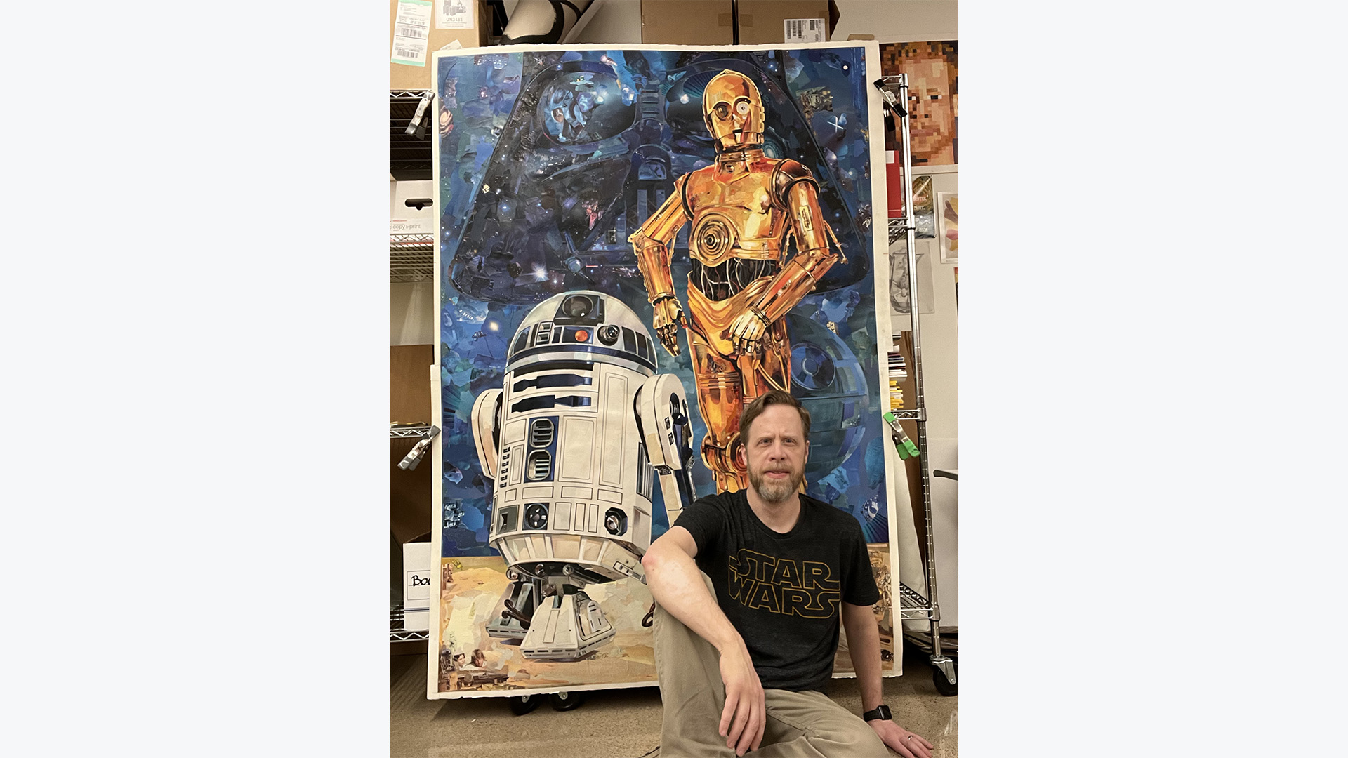 Artist Nathan Stromberg with his Star Wars collage.