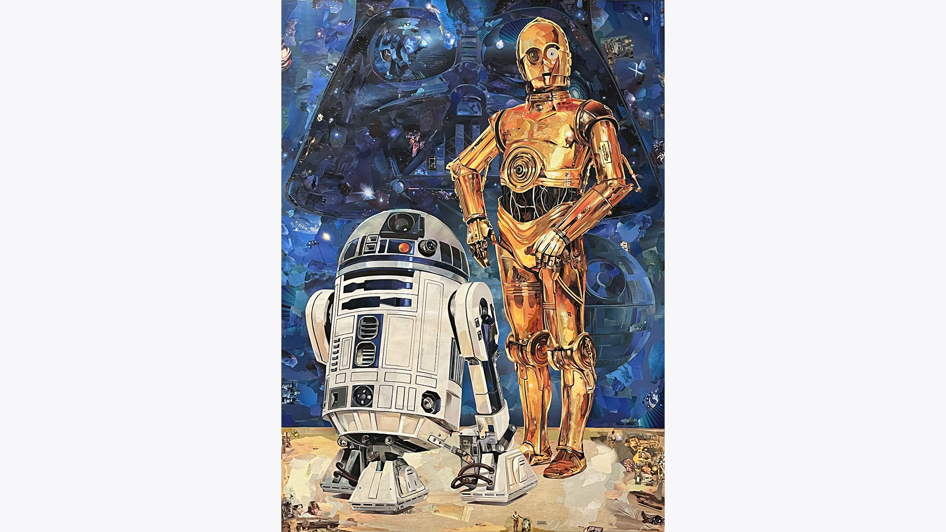 Collage art of R2-D2, C-3PO, and Darth Vader.