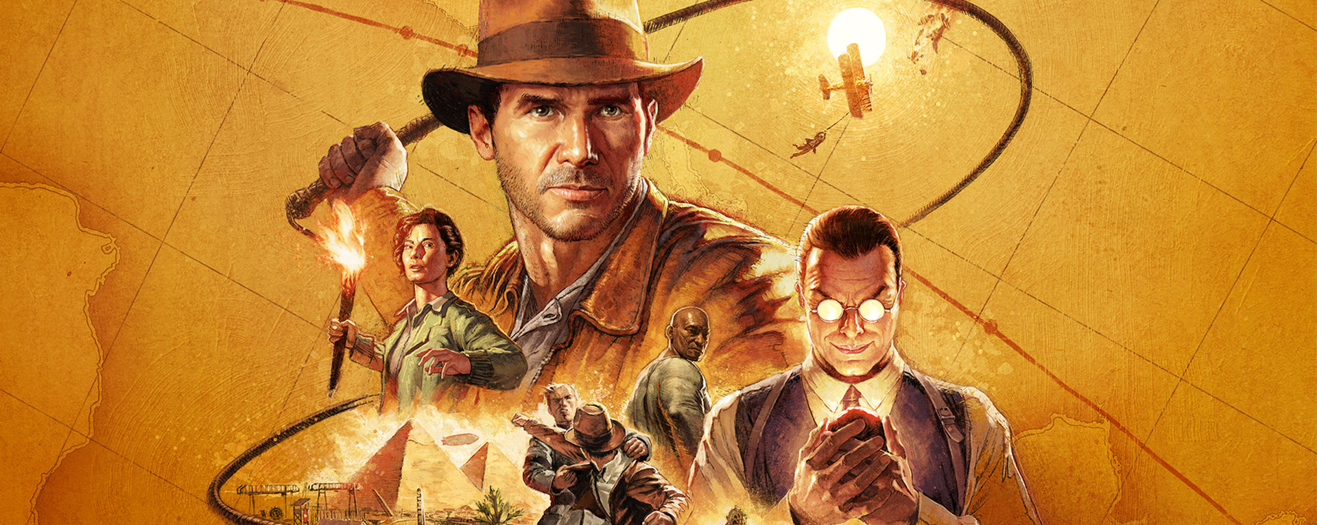 The keyart for Indiana Jones and the Great Circle featuring a montage of Indy and other characters like Gina and Voss.