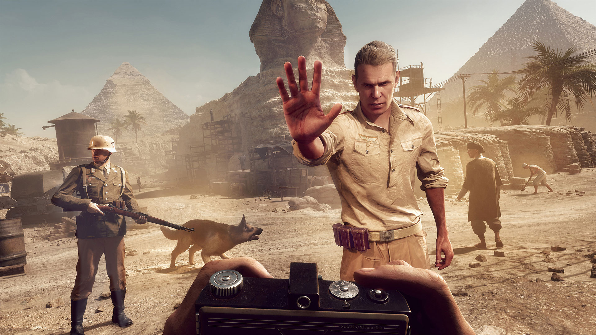 Indy is confronted by enemy soldiers in Egypt near the Great Pyramids and Sphinx.