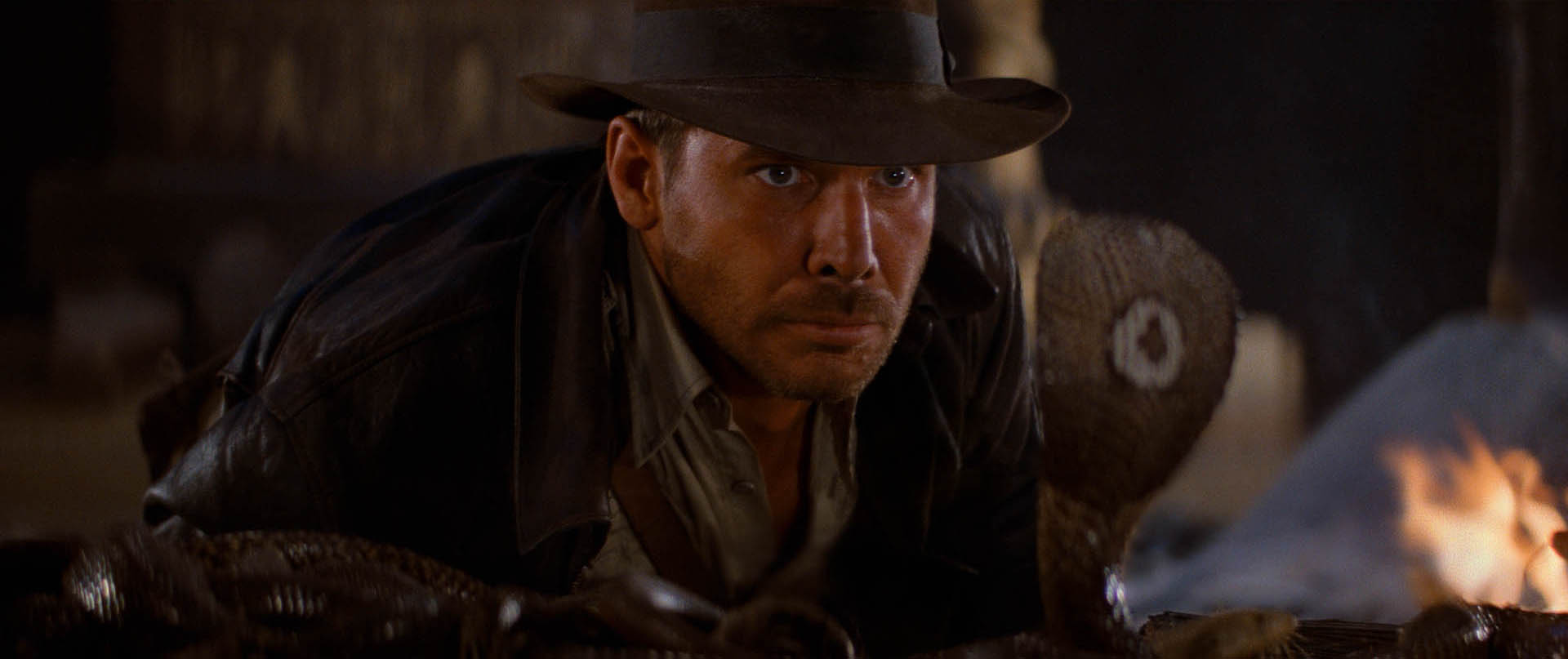 Indiana Jones looking at a snake