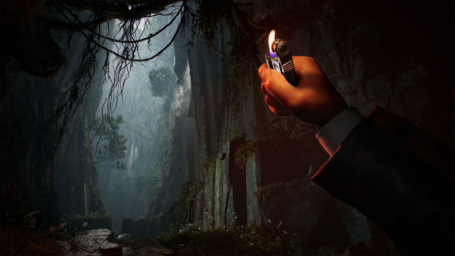 Indy uses a lighter to move through a cave in the new game Indiana Jones and the Great Circle.