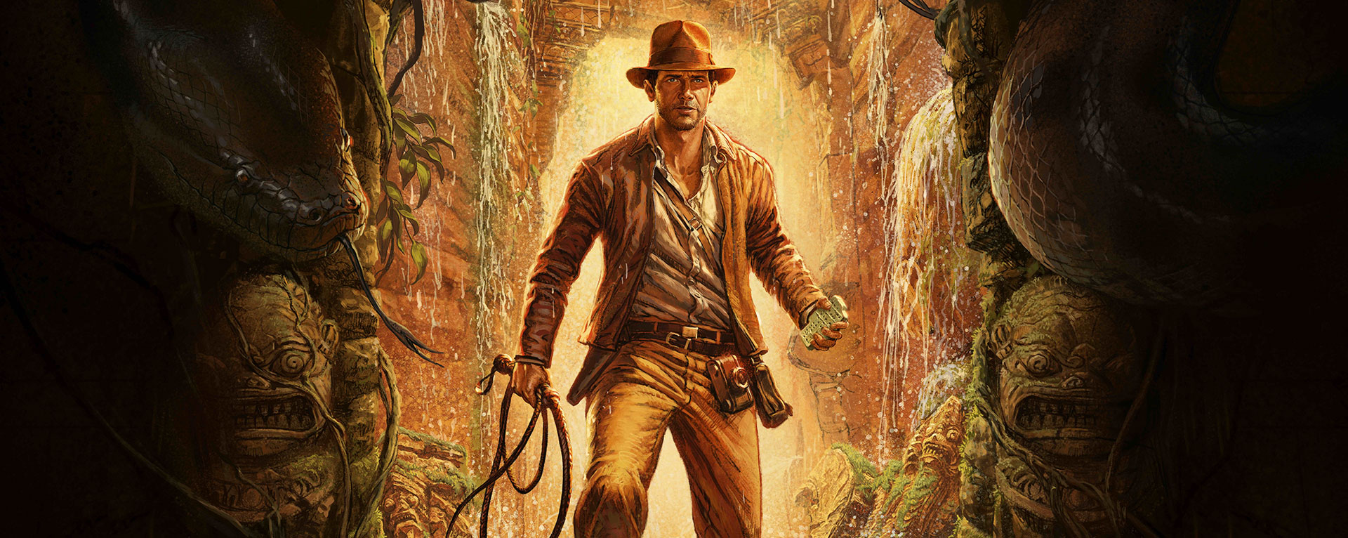 Indiana Jones and the Great Circle key art of Indy inside a temple.