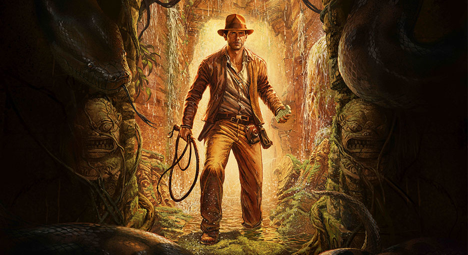 Indiana Jones and the Great Circle key art of Indy inside a temple.