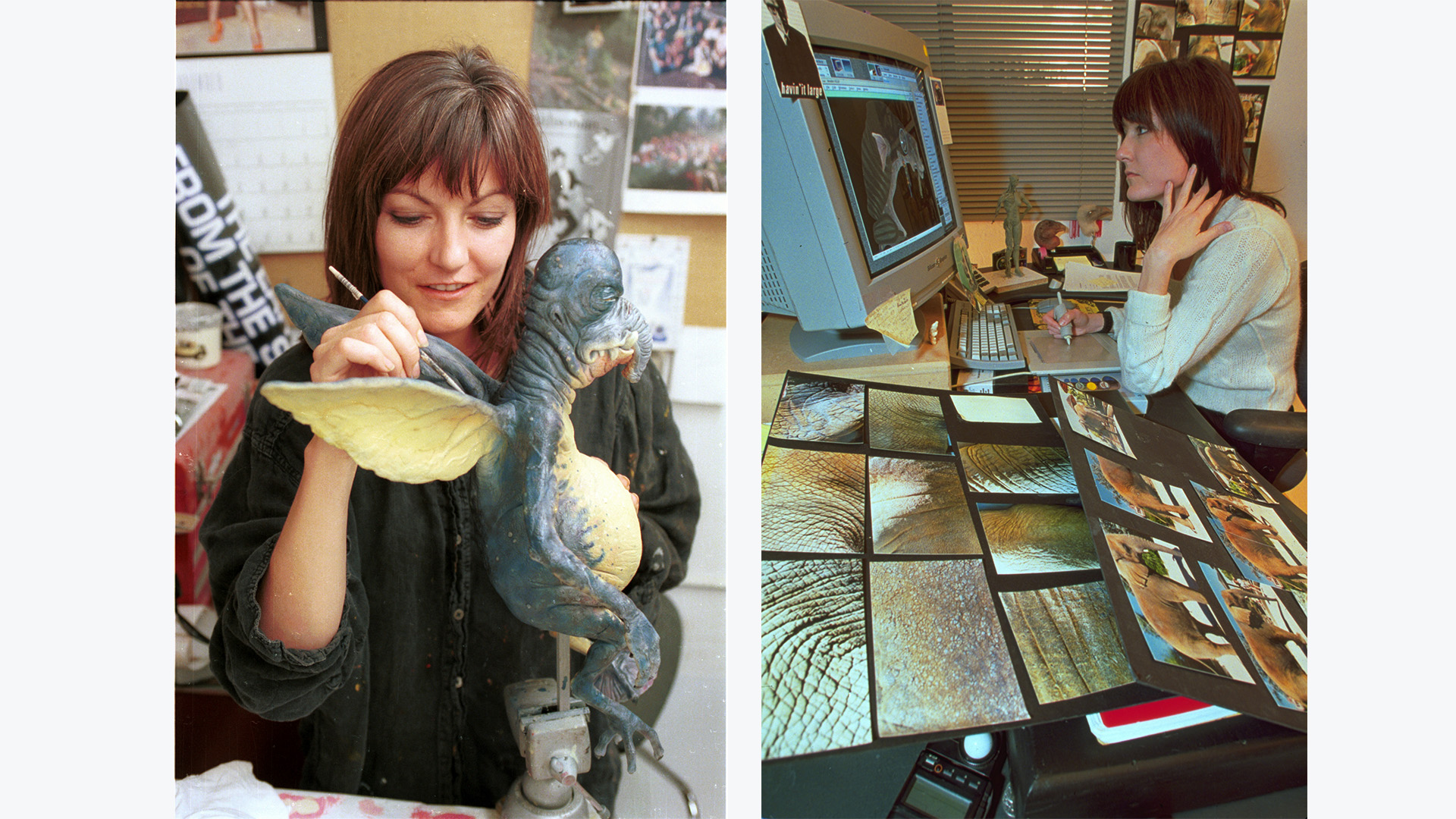 ILM artist Jean Bolte painting a Watto maquette and painting a Sebulba model on the computer.