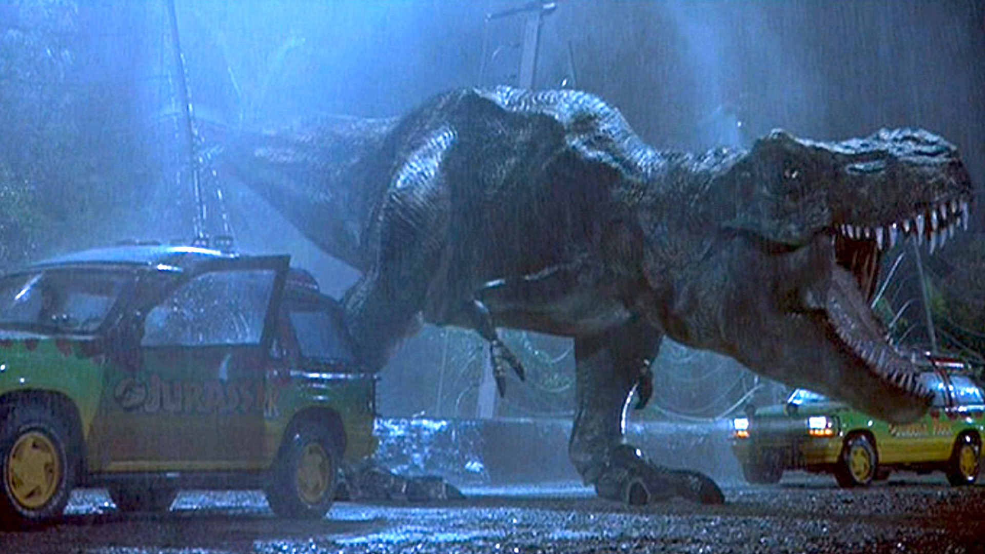 The T-Rex roars in Jurassic Park.