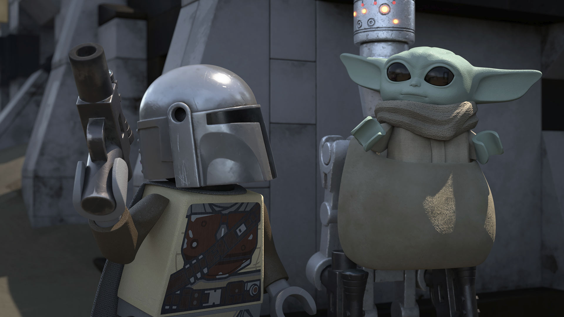 The Mandalorian and Grogu in The LEGO Star Wars Holiday Special