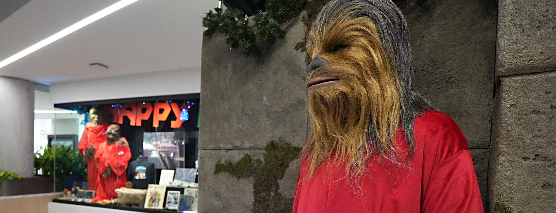 Chewbacca in front of Lucasfilm's Life Day display.