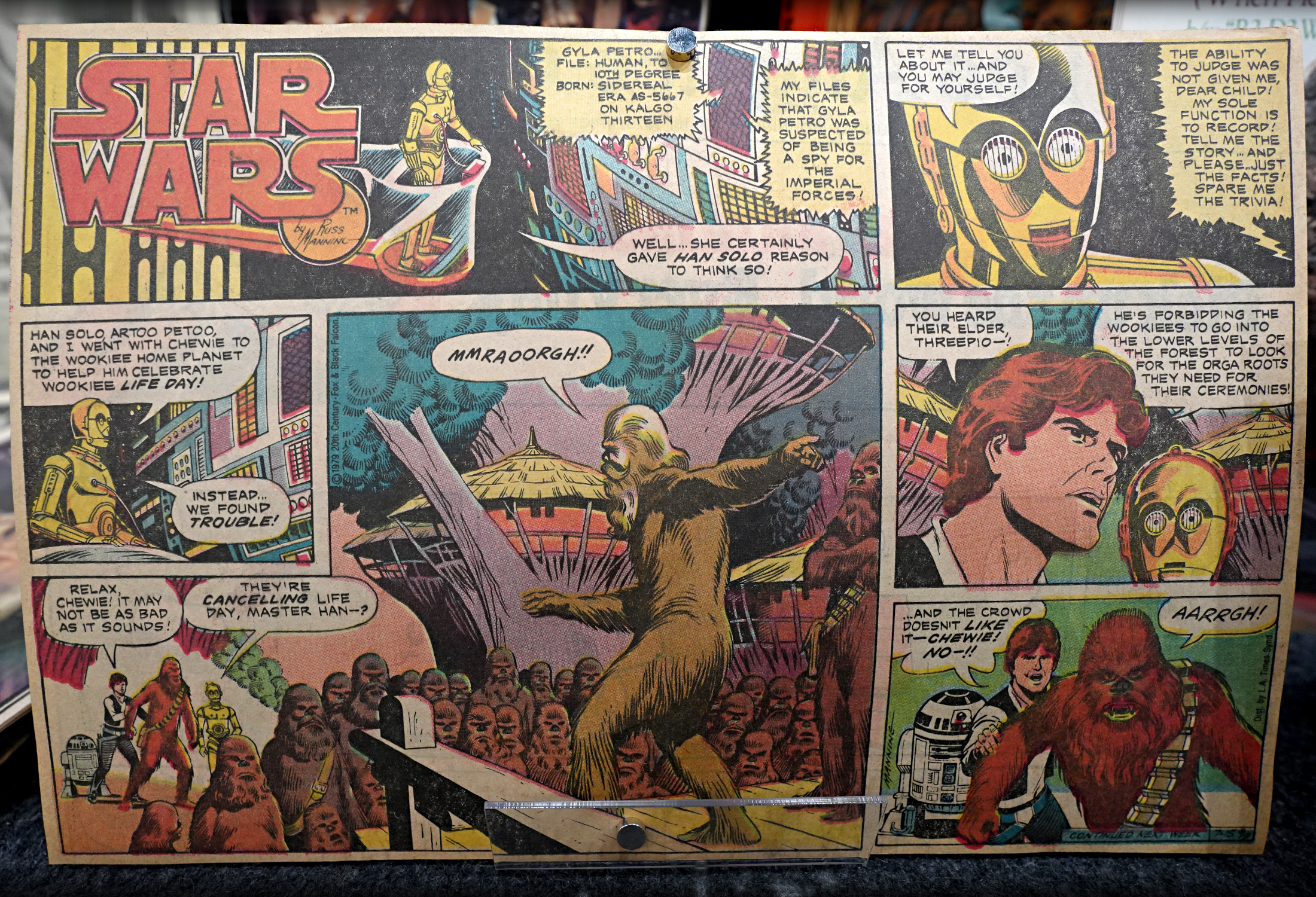 The July 15, 1979 syndicated newspaper Star Wars comic strip introduced a new story series (later called “The Kashyyyk Depths”) bringing Han Solo, R2-D2, and C-3PO to Kashyyyk for Life Day. But there is trouble in the deep forest, which our heroes must confront! Subsequent parts of this series notably called the Wookiee homeworld both “Kazhyyyk” and “Kazhyyk” as the spelling for the planet continued to evolve.