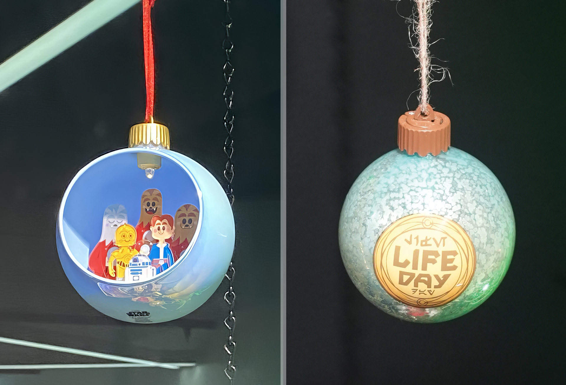 (R) Pictured here is the first 2021 Life Day ornament as well as the larger (and illuminated!) 2024 edition, which features a miniature diorama of Life Day Wookiees, R2-D2, C-3PO, and Han Solo. (L) This 2024 edition is only available at Disneyland Resort.