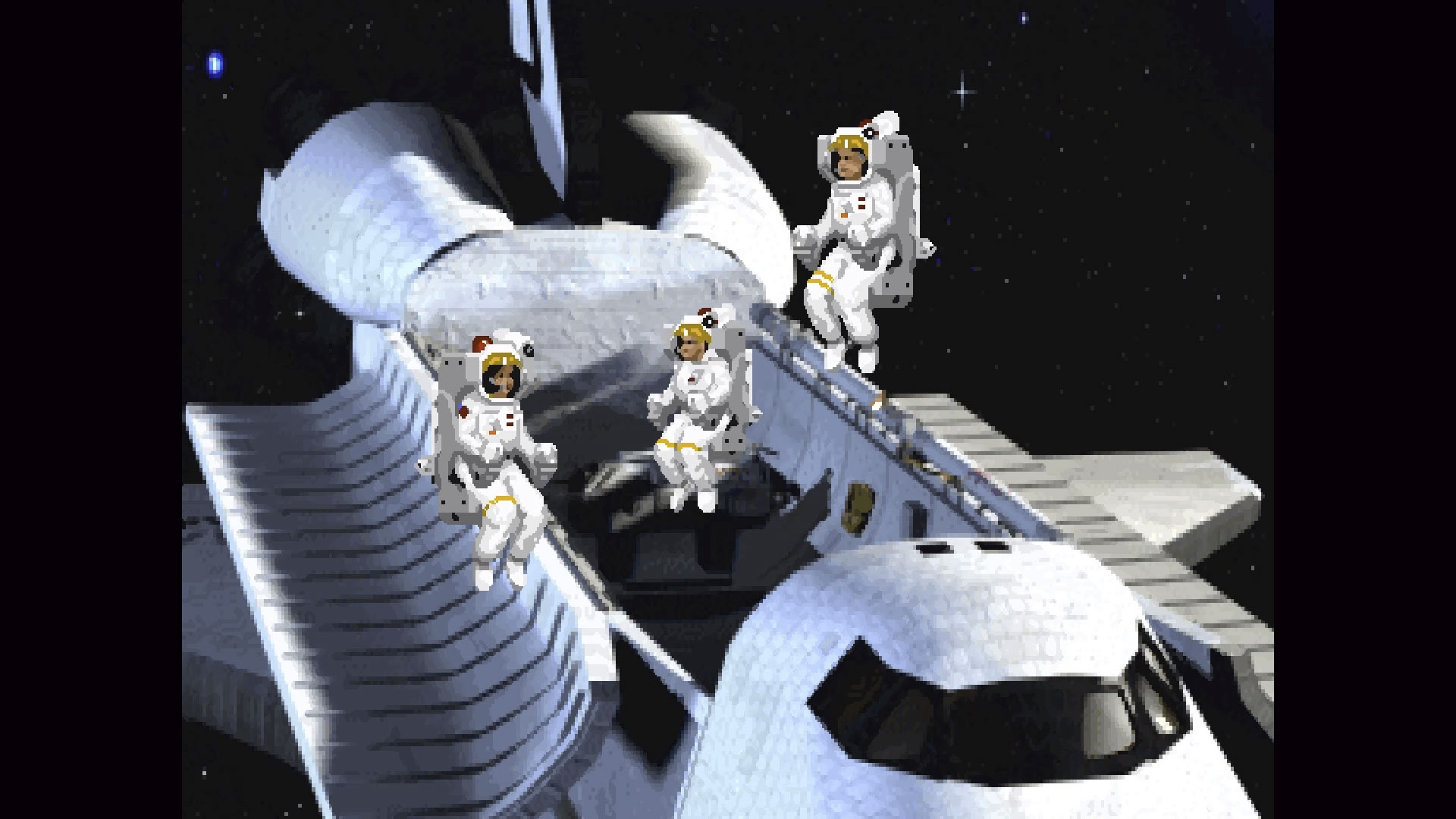 Astronauts outside a space shuttle in The Dig.