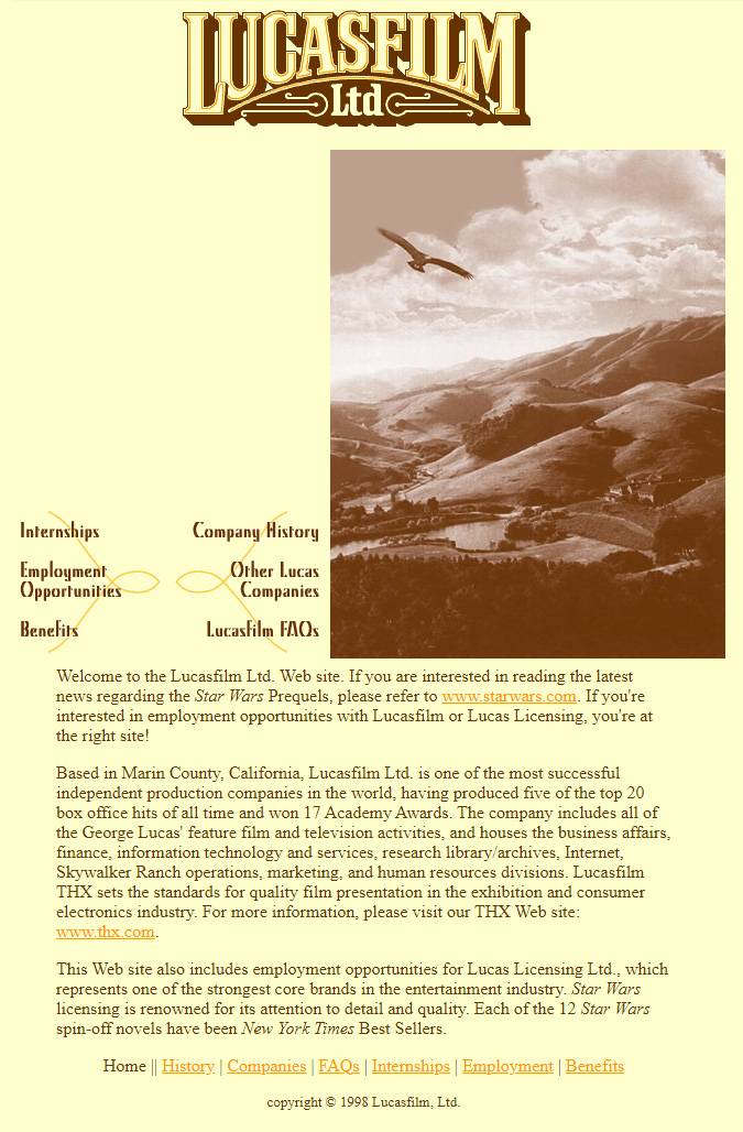 The original Lucasfilm.com homepage from 1998.