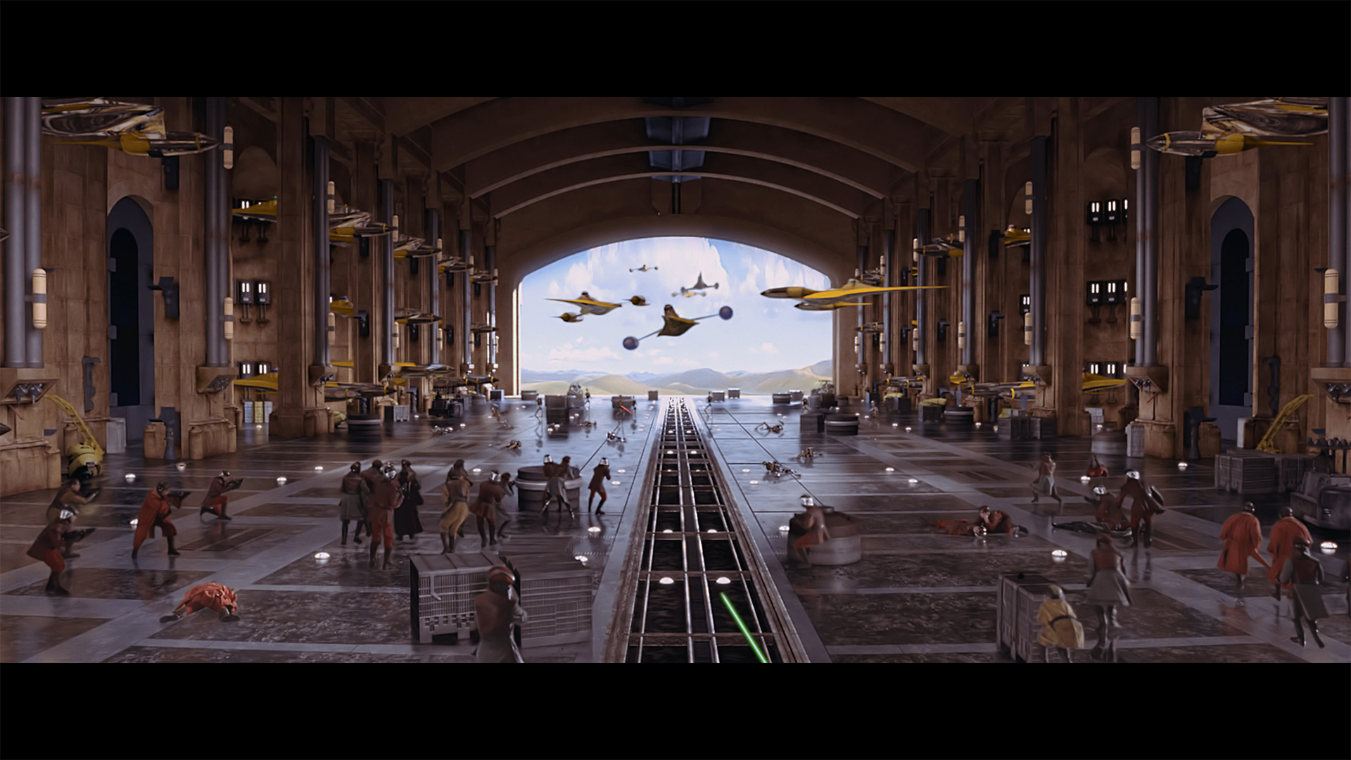 Naboo starfighters fly out of the Theed hangar in Star Wars: The Phantom Menace.