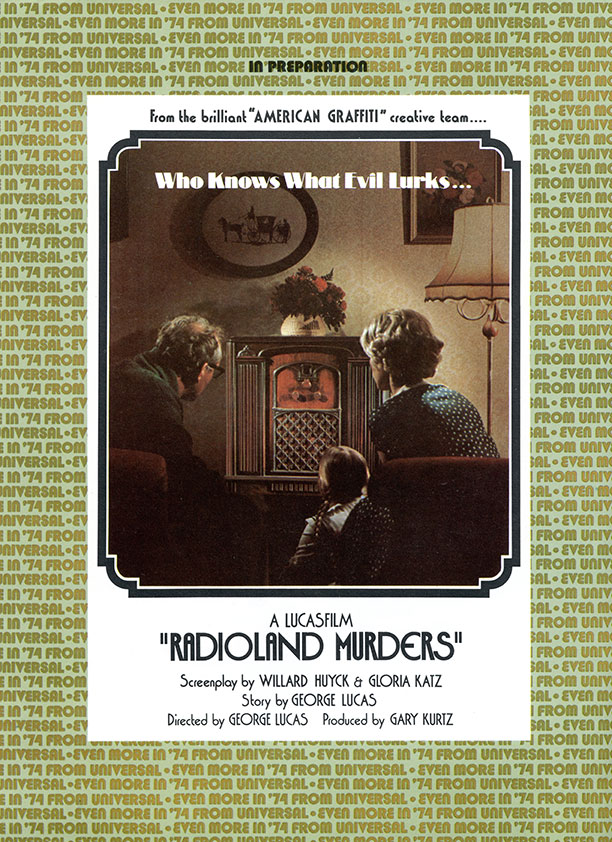 A 1974 advertisement for Radioland Murders showing a family huddled around a radio set.