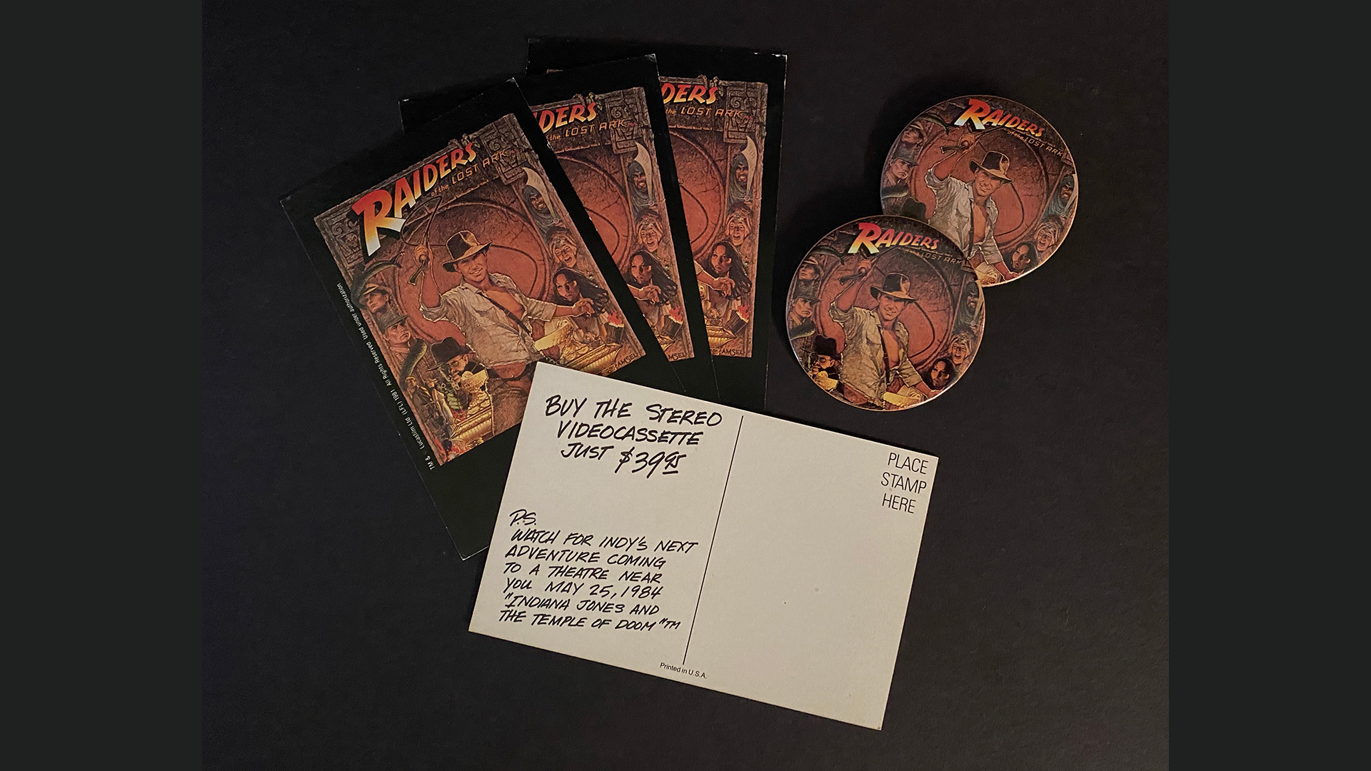 Raiders of the Lost Ark postcards and buttons
