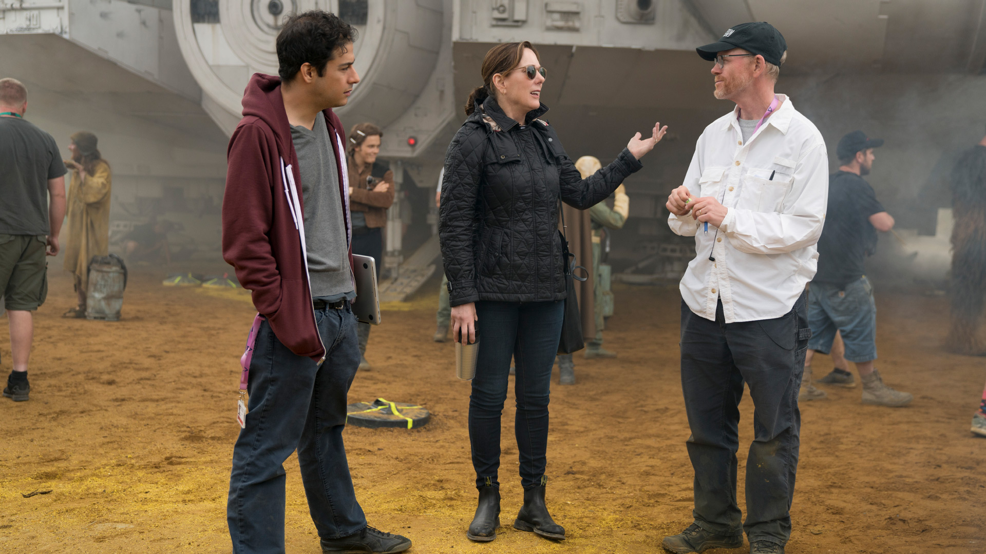 Ron Howard with Jon Kasdan and Kathleen Kennedy on the set of Solo
