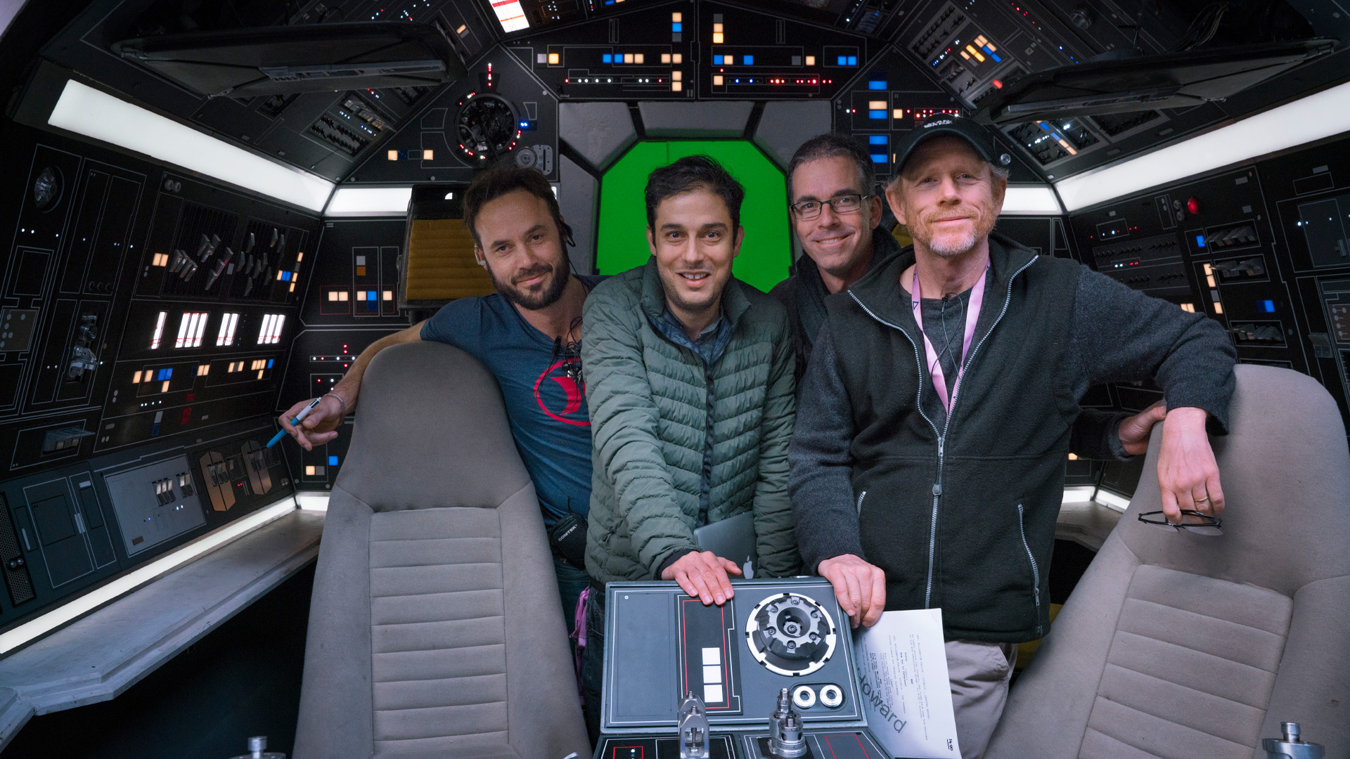 Ron Howard with Jon Kasdan in the Falcon the set of Solo