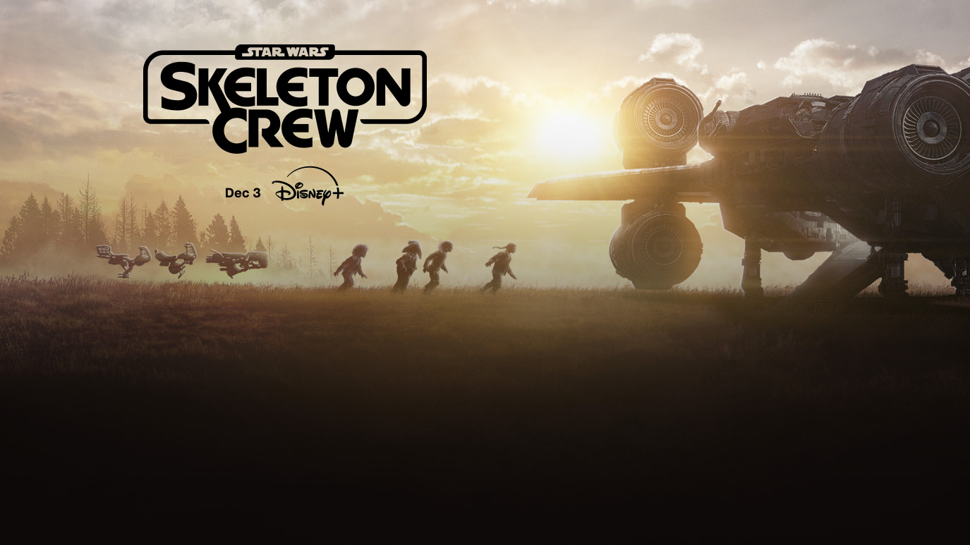 Skeleton Crew key art with logo, with figures approaching starship