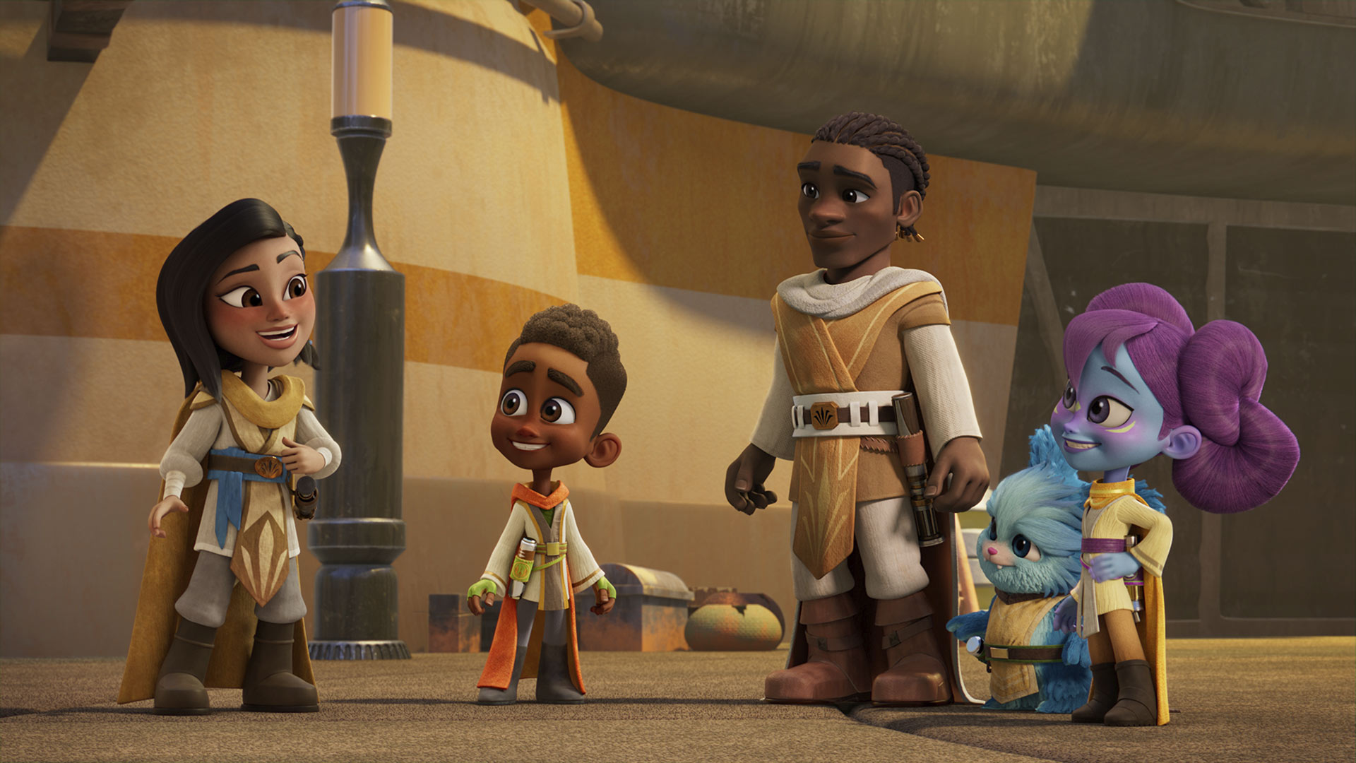 Padawan Celesta Kami, Kai Brightstar, Jedi Master Carver Drow, Nubs, and Lys Solay from Star Wars: Young Jedi Adventure.